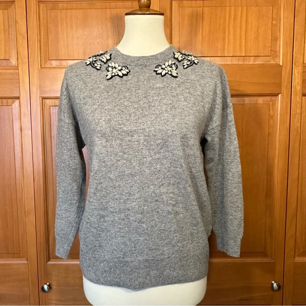 J Crew Women's Opal Embellished Crew Neck Sweater Top Gray EUC Size Small